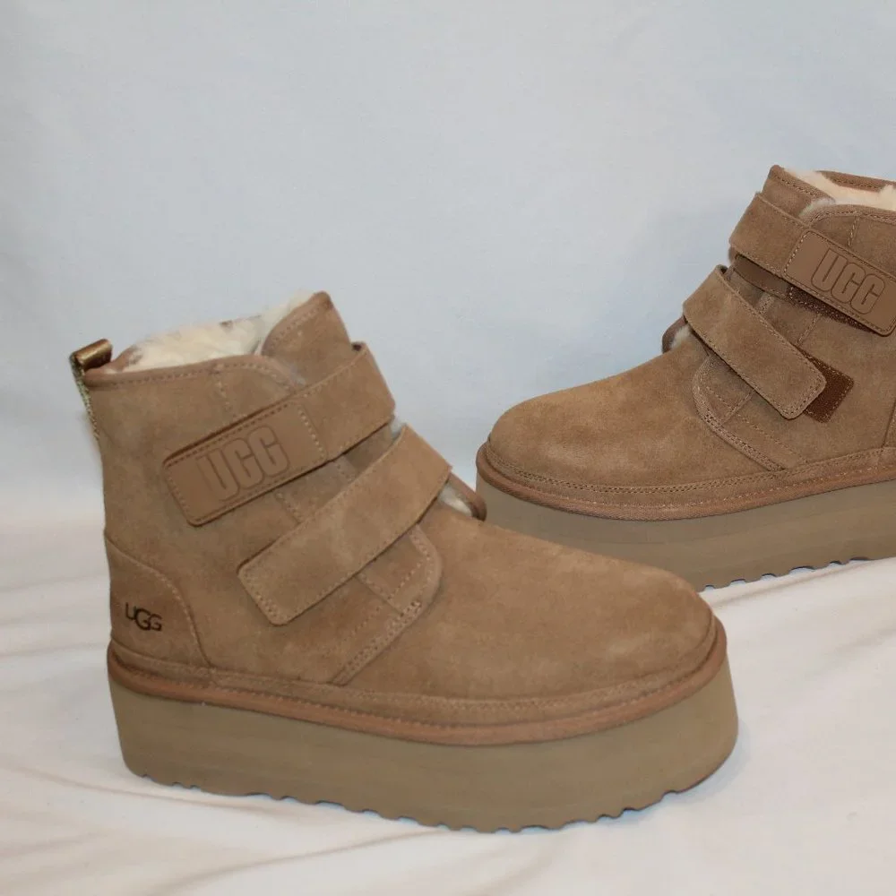 NIB UGG WOMEN'S PLATFORM CHESTNUT SUEDE SHEARLING LINED ANKLE BOOTS - Picture 2 of 8